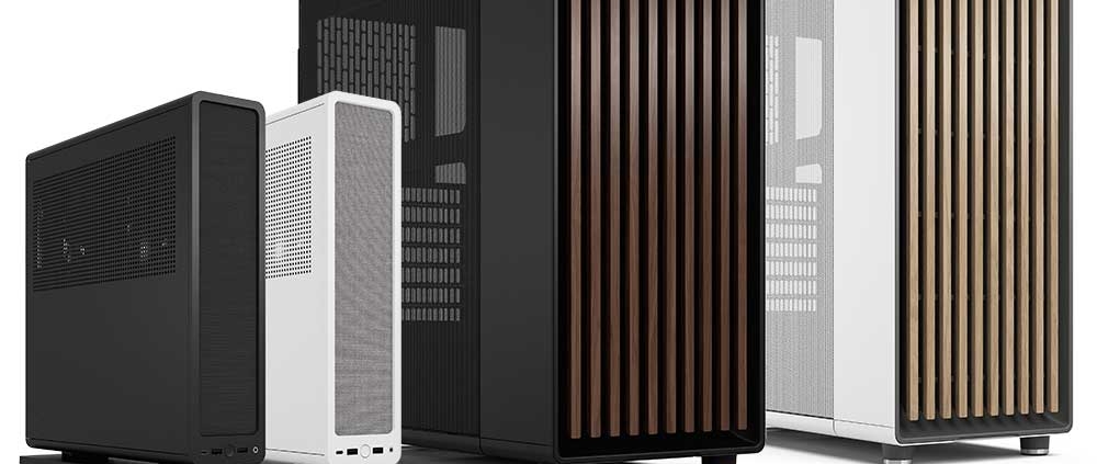Elegante PC-Gehäuse in Schwarz, Weiß und Grau nebeneinander - PixelStation Design Kategorie. Perfekt für Computer & Apple Geräte.