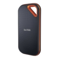 SanDisk HDD: Schwarze tragbare SSD im rechteckigen Design mit oranger Umrandung, ideal für PC, Mac, Fotografen & Videografen.