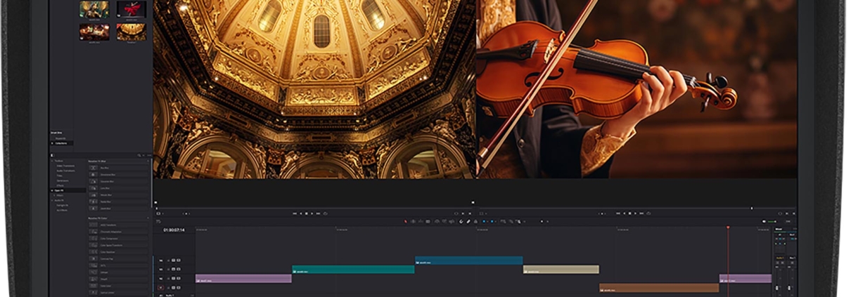 Widescreen CG3100X-BKh Monitor mit schwarzem Rahmen, ideal für Fotografen & Videofilmer, zeigt Video-Editing und Architektur.