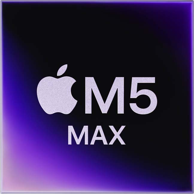 Apple M5 MAX Prozessor Logo zeigt das Apple-Logo mit metallischem "M5 MAX"-Schriftzug auf dunklem, violett glühendem Hintergrund.