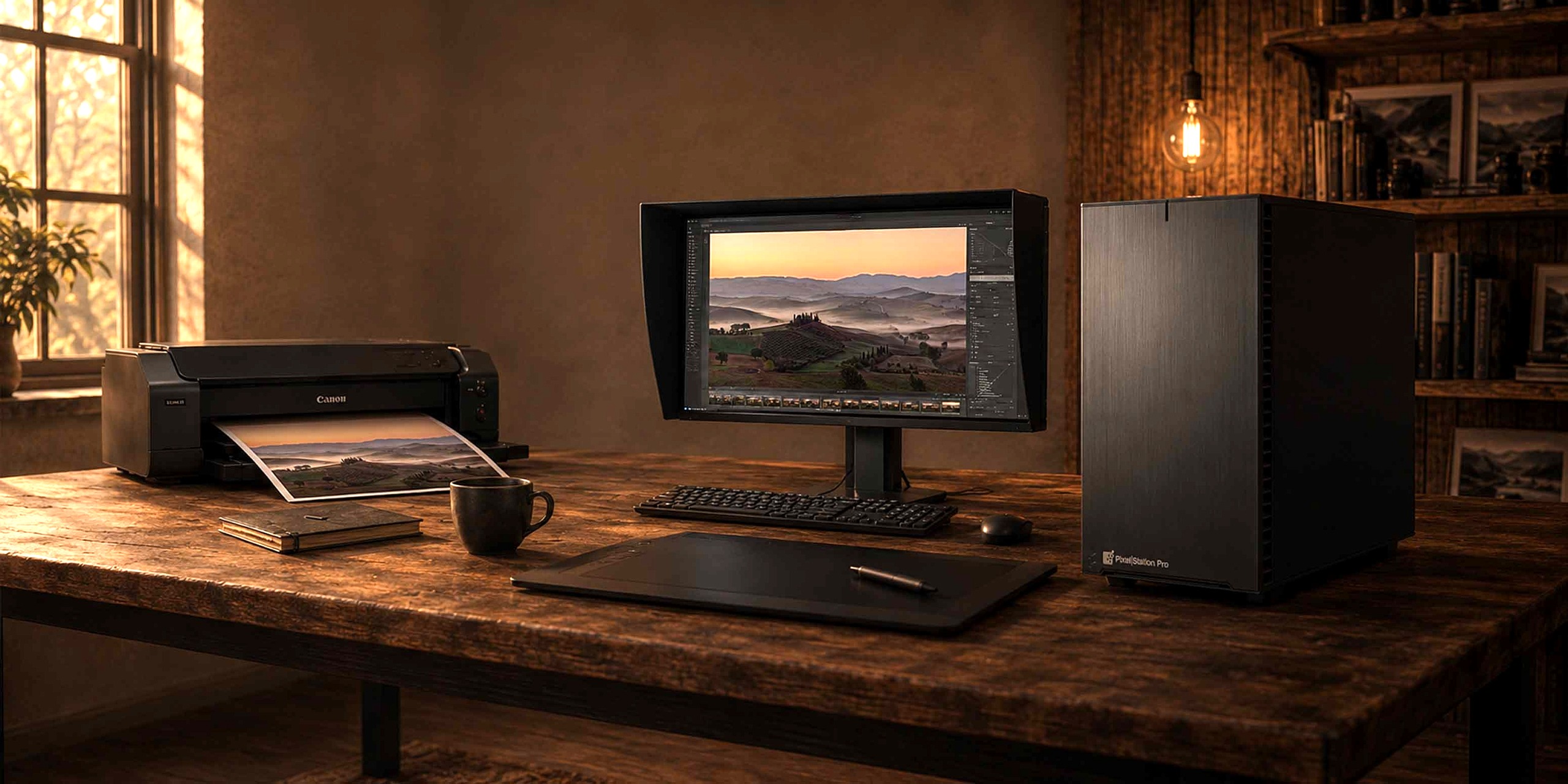 Ein Computertisch mit einem Monitor, auf dem eine Landschaftsfotografie zu sehen ist, einem großen Drucker, der ein ähnliches Bild ausdruckt, einem Grafiktablett, einer Tastatur, einer Maus, einer Tasse und einem Desktop-PC in einem warm beleuchteten, rustikalen Raum – perfekt für kreatives Arbeiten mit KI.