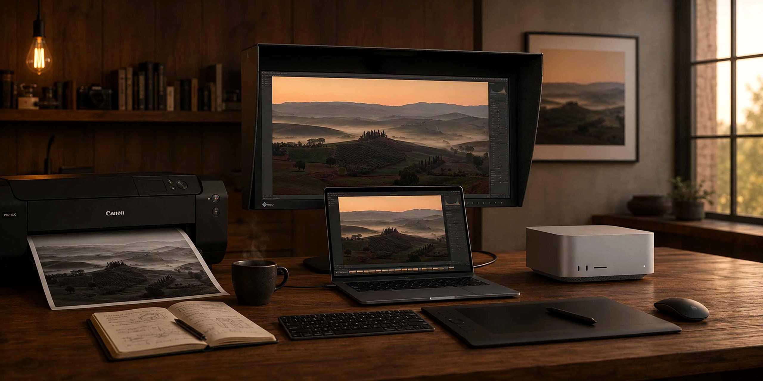 Ein Holzschreibtisch mit einem PixelComputer-Monitor, einem Laptop, einer Tastatur, einem Grafiktablett, einem Canon-Drucker, einer Kaffeetasse, einem aufgeschlagenen Notizbuch und einem ausgedruckten Schwarz-Weiß-Foto. Auf dem Bildschirm ist ein Landschaftsbild zu sehen. Im Hintergrund sind Regale und ein Fenster zu erkennen.