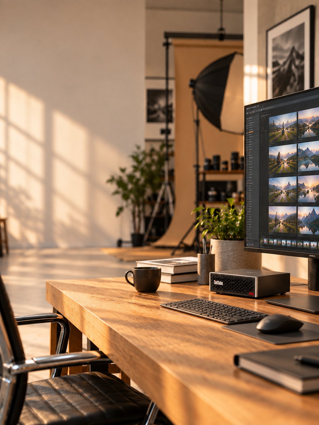 Lenovo ThinkStation PGX KI-Server auf dem Schreibtisch neben Monitor und Tastatur in einem Fotostudio