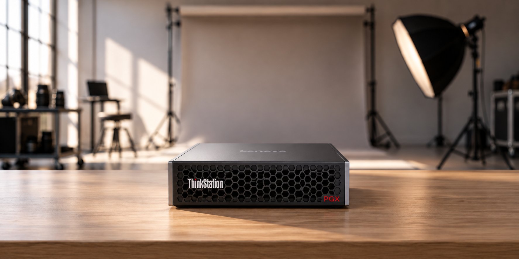 Lenovo ThinkStation PGX KI-Server auf einem Holztisch in einem hellen Fotostudio mit Softbox