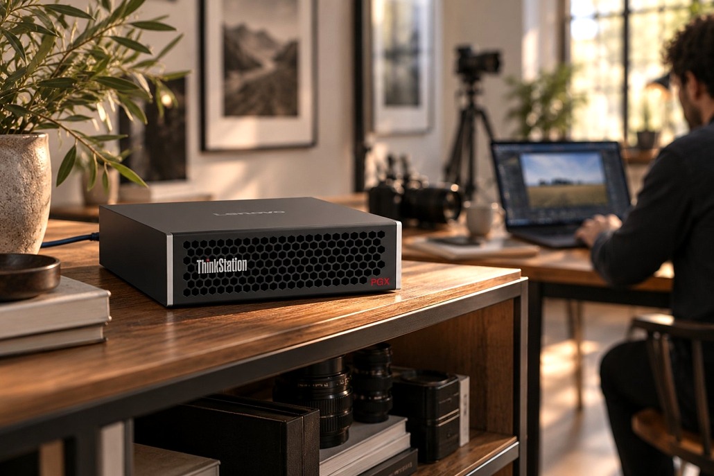 Lenovo ThinkStation PGX auf einem Sideboard im Fotostudio